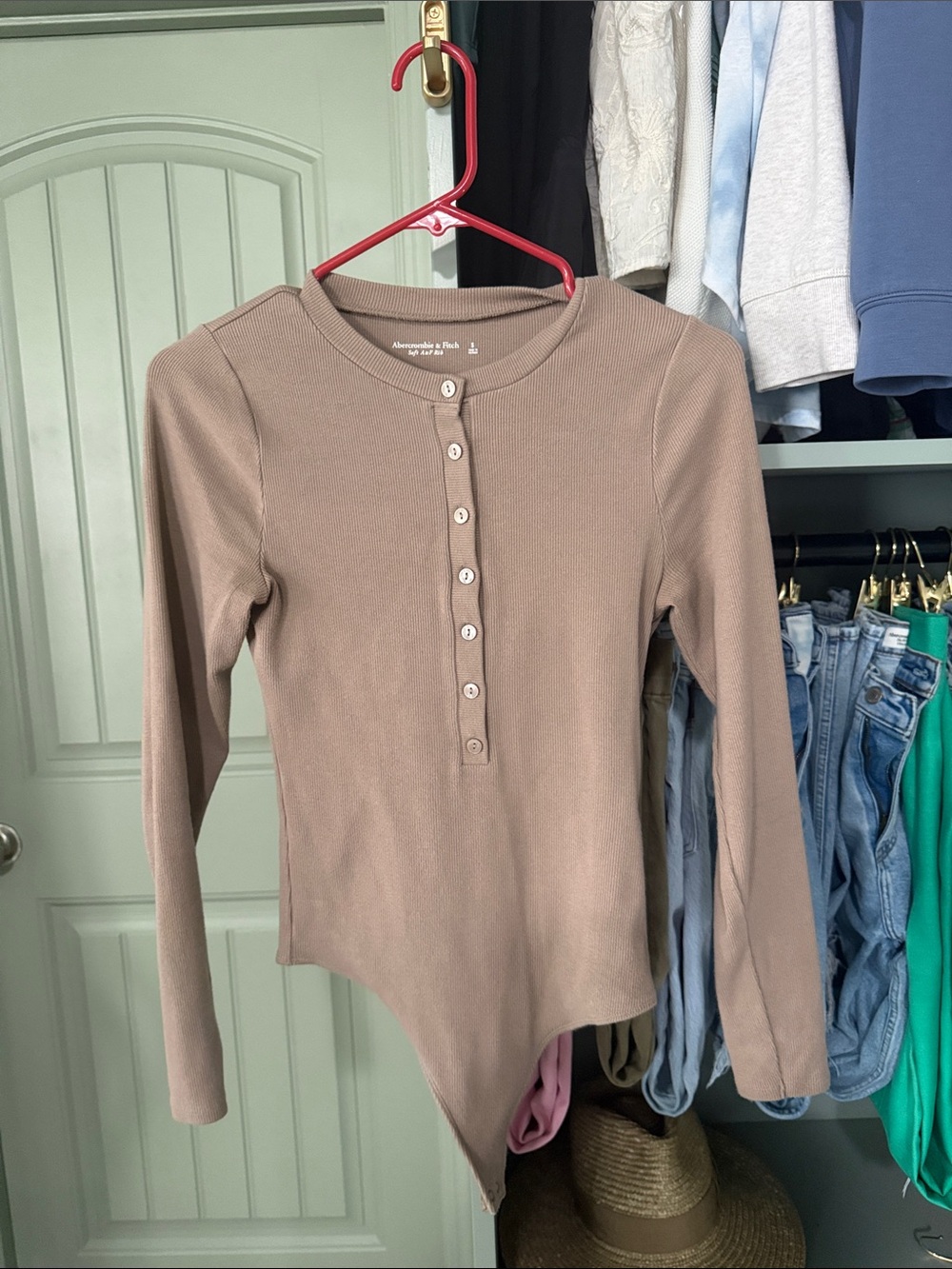Abercrombie & Fitch Taupe Ribbed Long Sleeve Henley Bodysuit